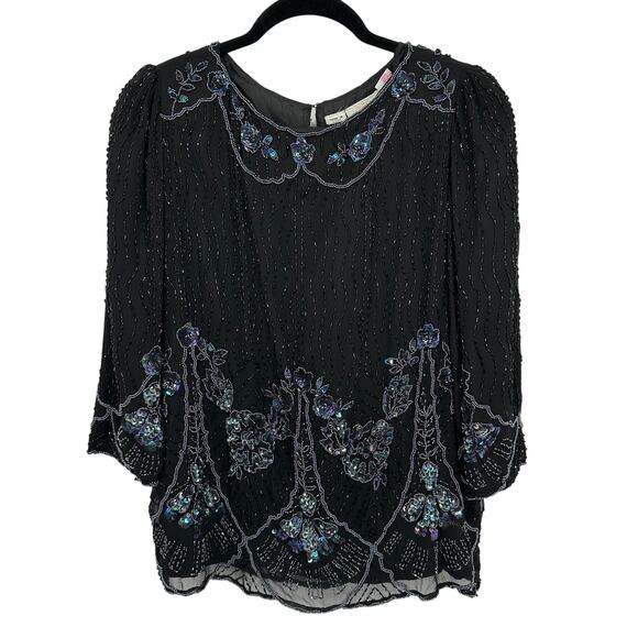 Vintage Oleg Cassini Silk Beaded Sequin Top Skirt Set Black 10 Gatsby Flapper - Picture 1 of 16